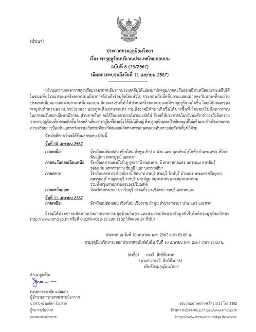 ประกาศกรมอุตุนิยมวิทยา เรื่องพายุฤดูร้อนบริเวณประเทศไทยตอนบน ฉบับที่ 8 มีผลกระทบถึงวันที่ 11 เมษายน 2567