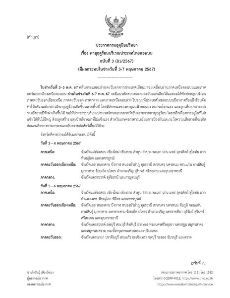 ประกาศกรมอุตุนิยมวิทยา เรื่อง พายุฤดูร้อนบริเวณประเทศไทยตอนบน ฉบับที่ 3 (81/2567) (มีผลกระทบในช่วงวันที่ 3-7 พฤษภาคม 2567)