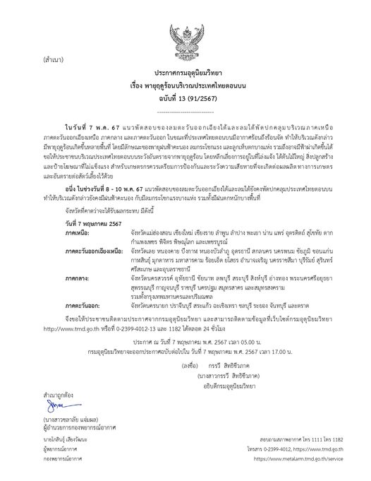 ประกาศกรมอุตุนิยมวิทยา เรื่อง พายุฤดูร้อนบริเวณประเทศไทยตอนบน ฉบับที่ 13 (91/2567)
