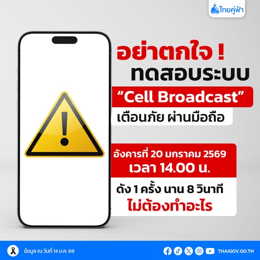 พรุ่งนี้ บ่าย 2 โมง ! ทดสอบระบบเตือนภัย Cell Broadcast