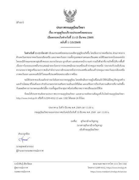 ประกาศกรมอุตุนิยมวิทยา⚠️ เรื่อง พายุฤดูร้อนบริเวณประเทศไทยตอนบน (มีผลกระทบในช่วงวันที่ 11-13 มีนาคม 2569) ฉบับที่ 1 (15/2569) 