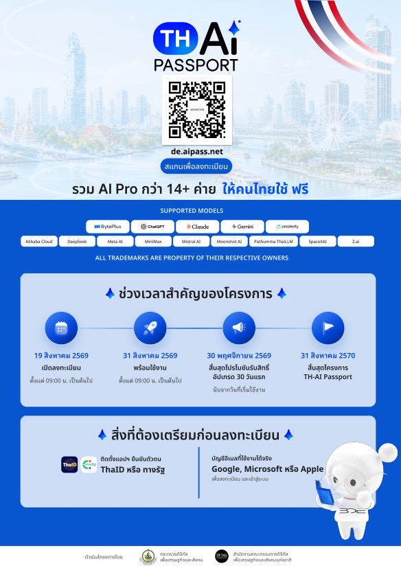 ดีอีเปิดลงทะเบียนรับสิทธิ์ &ldquo;TH-AI Passport&rdquo; แล้ววันนี้  ชวนคนไทยอายุ 15 ปีขึ้นไป สร้างบัญชีล่วงหน้า เตรียมพร้อมใช้งาน 31 สิงหาคมนี้